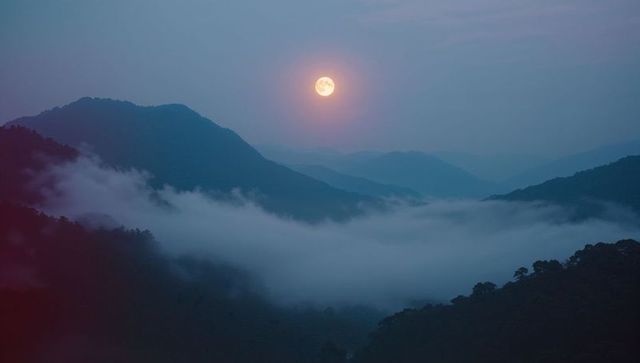 Majestic full moon illuminating misty mountain landscape