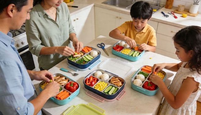 Family preparing healthy bento lunchboxes on kitchen island — kid-friendly meal prep and bonding
