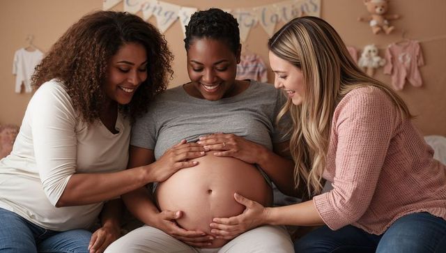 Smiling pregnant woman receiving supportive belly touches from friends in cozy nursery