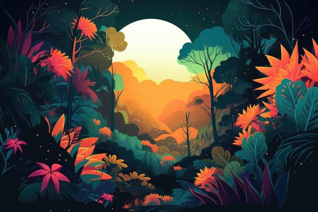 Surreal nocturnal jungle scene under moonlight with vibrant foliage and glowing hues. Ideal for use in fantasy artwork, environmental awareness campaigns, travel brochures, desktop backgrounds, or wall art showcasing the beauty and mystery of tropical forests.