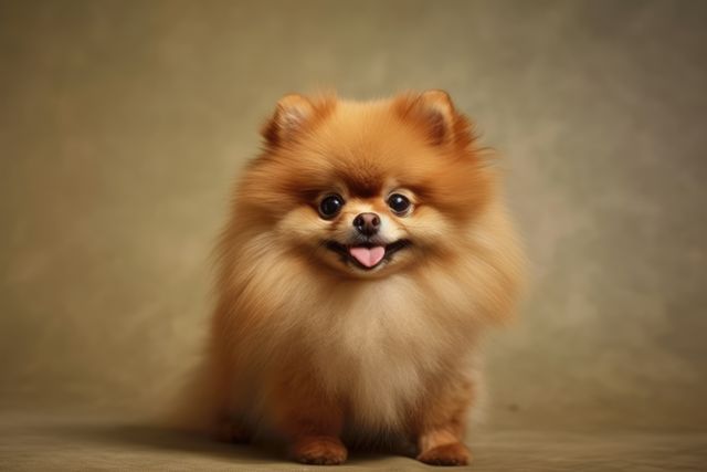 Features a smiling Pomeranian puppy with fluffy brown fur in a studio setting. Ideal for use in pet-related advertisements, greeting cards, and social media content highlighting adorable pets.