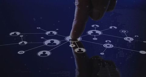 Person touching digital interface with silhouette icons and network lines