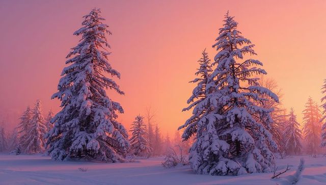 Snow-covered evergreens at pink sunrise in misty boreal forest clearing with golden glow