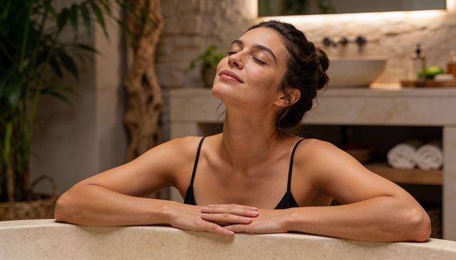 Woman relaxing in marble tub spa bathroom, mindful self-care moment at home