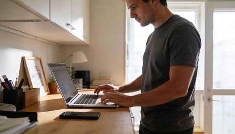 Young man standing at home counter typing on laptop minimal daylight home office workspace