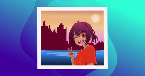 Anime Girl Winking at Sunset with Urban Skyline Background