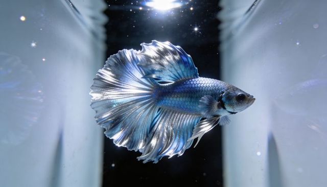 Gliding blue-silver betta fish fanning metallic fins in minimalist reflective aquarium