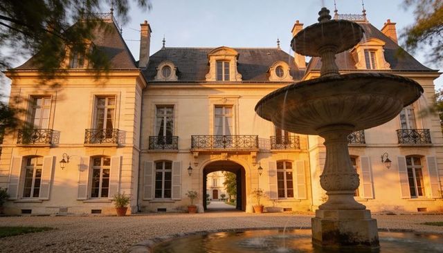Chateau facade bathing in golden hour light with ornate fountain and gravel courtyard archway