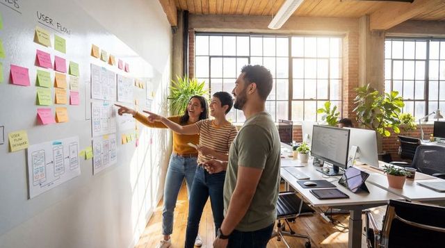 Leading team brainstorming on wireframe whiteboard with sticky notes in bright loft office