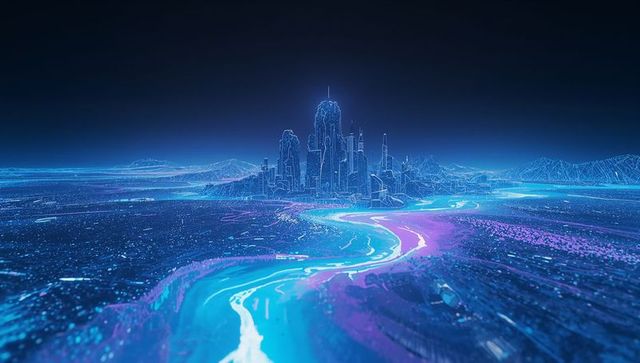Futuristic Neon Cityscape with Illuminated River Glow