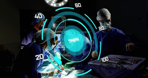 Surgical Team Performing High-Tech Operation with Augmented Reality HUD and Medical Data