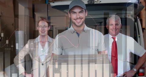 Warehouse Team with Financial Data Overlay Concept