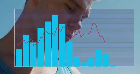 Young man with overlaid bar and line charts for data visualization and business analytics