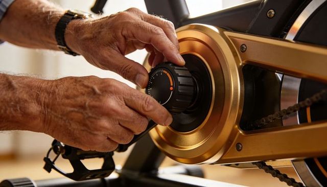 Senior Hands Adjusting Resistance Dial on Gold Black Indoor Exercise Bike for Home Cardio