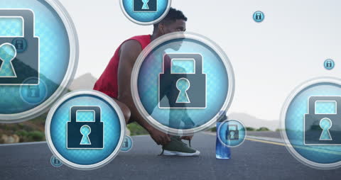 Athlete with Security Icons Synergizing Fitness and Technology