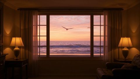 Sunset Ocean View Through Large Living Room Window with Seagulls and Warm Lamplight