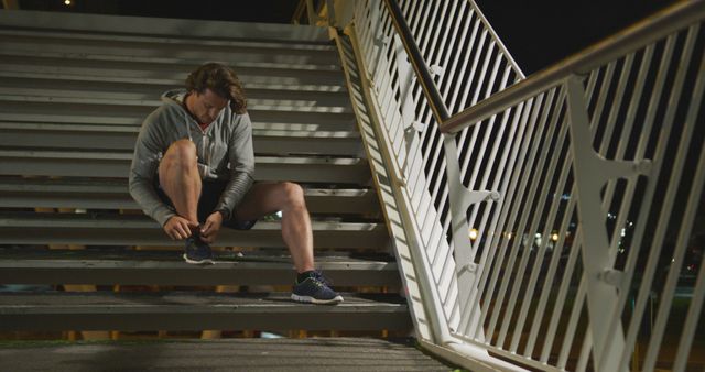 This image shows a man tying his shoelaces on a modern urban staircase at night. The individual is getting ready for a nighttime run, dressed in a hoodie and athletic shorts. The well-lit environment suggests an urban setting, ideal for illustrating themes related to fitness, nighttime exercise, and healthy lifestyle. This could be used in advertising for running gear, fitness programs, urban adventure marketing, or health and wellness campaigns.