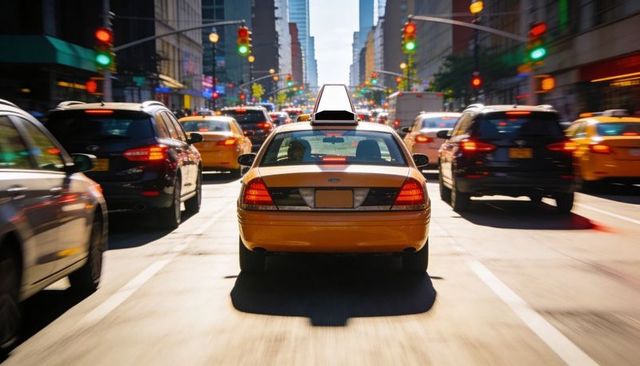 Yellow taxi driving through busy downtown street during rush hour with motion blur
