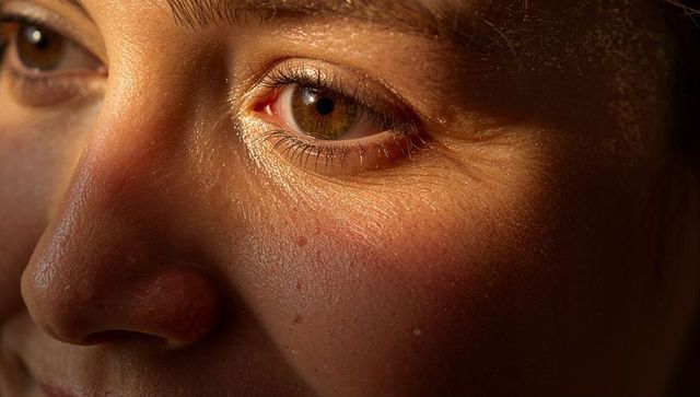 Young woman turning toward warm light close-up eye catchlight, lashes, skin texture