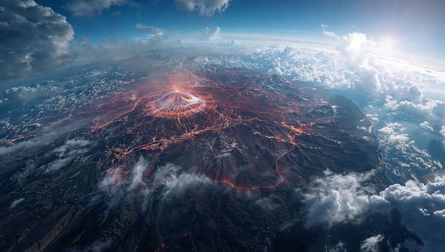 Aerial panorama of erupting volcanic cone sending glowing lava flows and fissure network