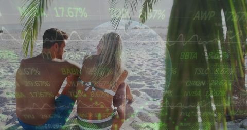 Couple on Beach with Financial Data Overlay - Download Free Stock Images Pikwizard.com