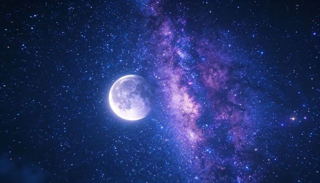 Luminous moon beside vibrant milky way over deep starfield with cosmic nebula hues and halo