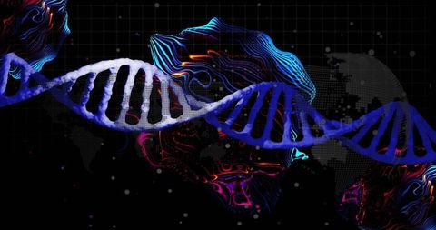 Glowing dna double helix streaming through neon virtual network and holographic data grid