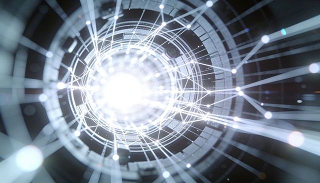 Pulsing data portal with radiant core and networked beams representing ai and datastreams
