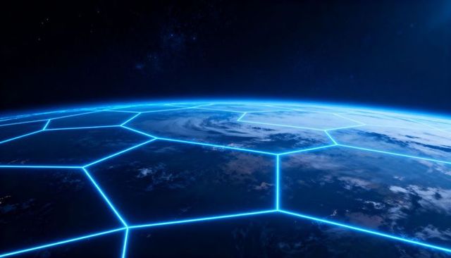 Earth Under Neon Hexagonal Grid Projecting Global Network Overlay with Cyclone View