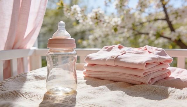 Sunlit baby bottle with folded pink newborn clothes on crib rail, pastel nursery still life