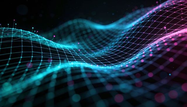 Undulating neon wireframe mesh showing cyan magenta data nodes on dark backdrop