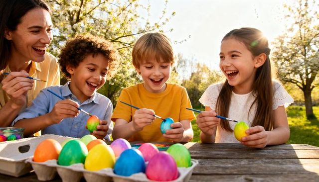 Family painting colorful easter eggs outdoors on sunny spring afternoon with laughter