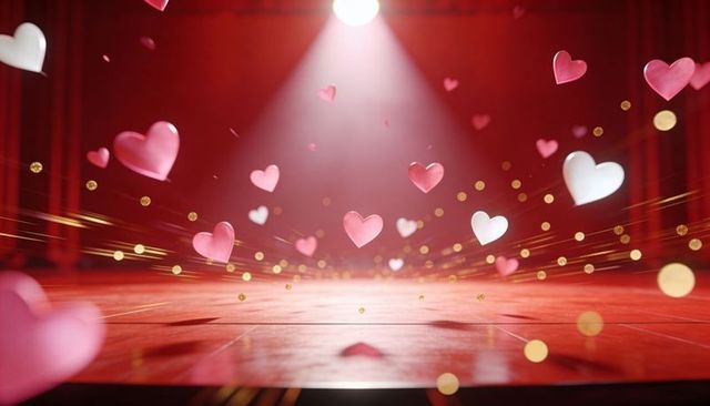 Floating heart confetti showering across spotlighted glossy red stage with gold bokeh