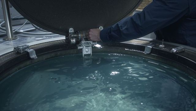 Technician operating hinged stainless steel vat lid over rippling water surface in plant