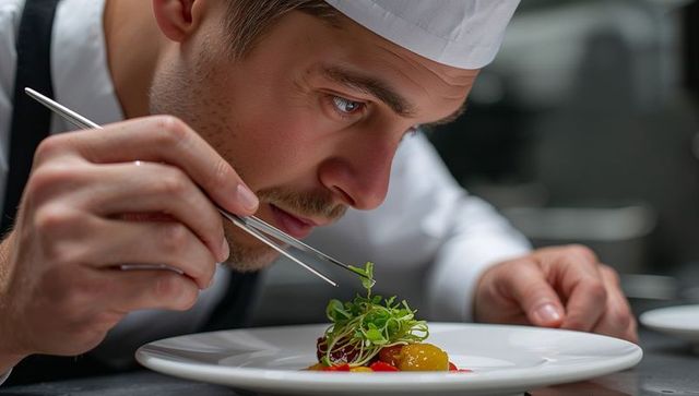 Chef plating microgreens with tweezers for fine dining presentation