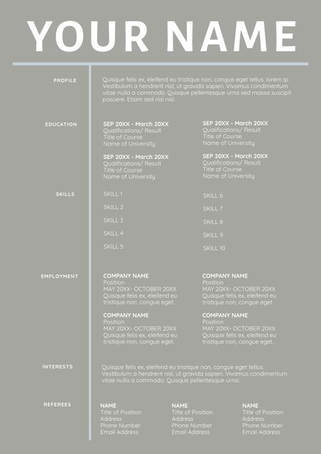 This modern dual-column resume template is perfect for professionals seeking to show their expertise and experience in an organized and attractive format. The clean layout features sections for profile, education, skills, employment history, interests, and referees, ensuring all relevant information is easy to locate. Ideal for job seekers in various fields, this template helps create impactful, easy-to-read resumes facilitating job applications. With its professional design, it's also suitable for digital submission or printing on high-quality paper for interviews.