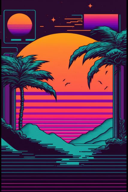 Vaporwave landscape with mountains, palm trees and sun, created using generative ai technology. Vaporwave background and colour concept digitally generated image.