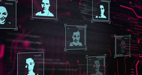 Biometric face scanning interface showing neon cyberpunk surveillance grid with portrait tiles