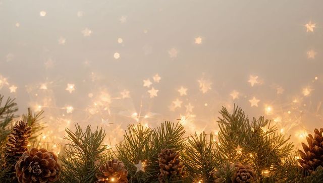 Cozy warm-light garland with pine branches and cones, star bokeh holiday centerpiece