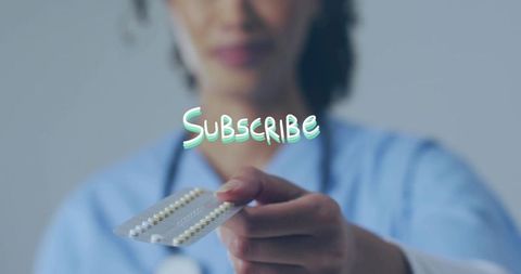 Female nurse presenting birth control pills blister pack with subscribe overlay