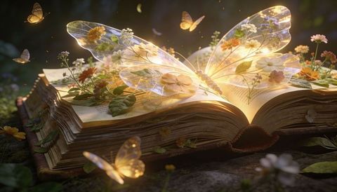 Antique book unfolding into glowing butterfly wings with wildflowers and golden light