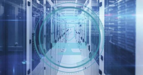 Futuristic server room with digital overlay in data center