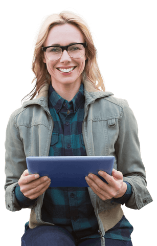 happy caucasian woman with glasses using tablet transparent background - Download Free Stock Videos Pikwizard.com