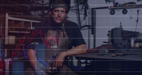 Caucasian Male Worker in Workshop with Graph Overlays