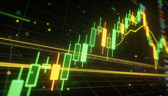 Neon candlestick chart showing uptrend with green and yellow bars and dynamic trend lines