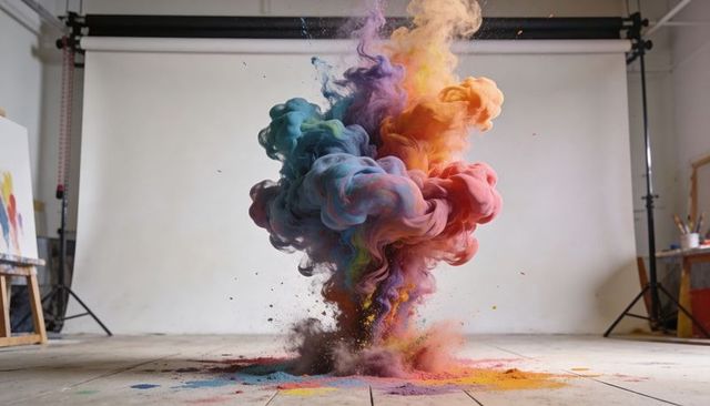 Rising pigment plume swirling in studio backdrop, exploding teal purple pink orange powder