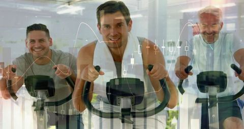 Men Engaged in Stationary Cycling with Financial Chart Intersection