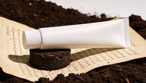 White cosmetic tube lying on soil puck over aged paper for natural skincare mockup