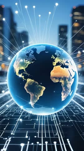 Rotating digital globe sending data beams over circuit grid vertical video for global connectivity
