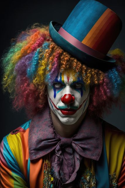 Close up of scary clown in multi coloured wig with hat, created using generative ai technology. Evil clown and scare concept digitally generated image.